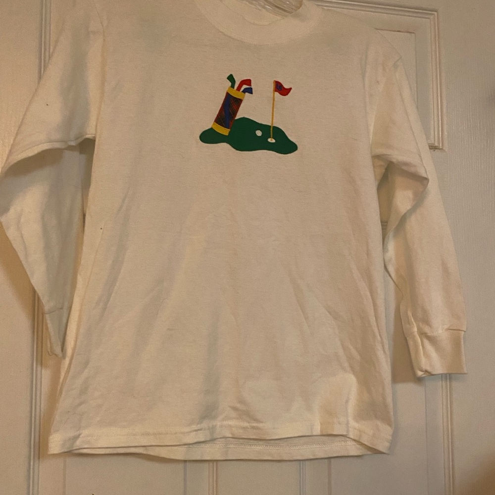NWOT Sz M, 10-12  long sleeve appliqué golf scene. From a children’s boutique.